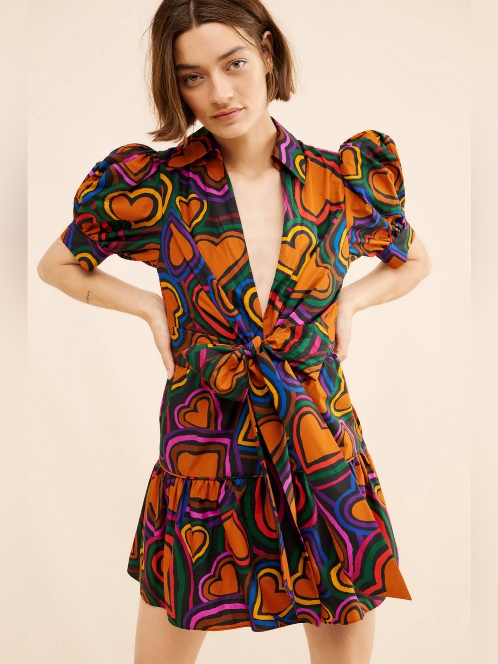 FARM Rio Short-Sleeve Bow-Front Mini Dress